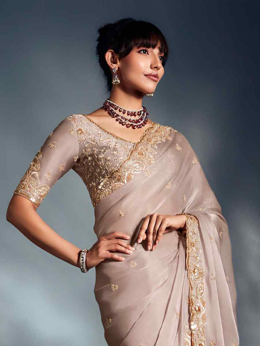 Beige Tissue Organza Silk Embroidery Bridal Cocktail Party Reception Wedding Wear Heavy Border Sarees