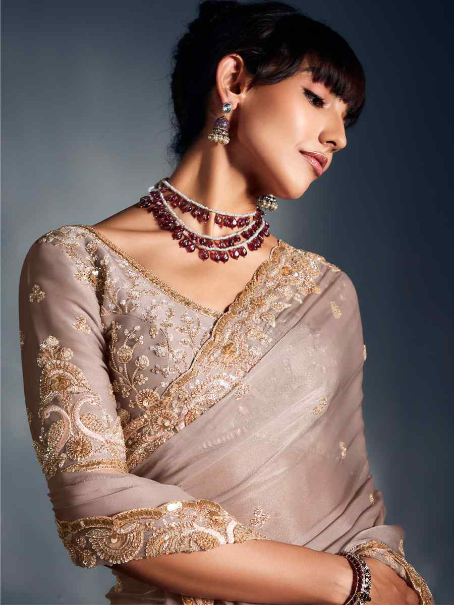 Beige Tissue Organza Silk Embroidery Bridal Cocktail Party Reception Wedding Wear Heavy Border Sarees