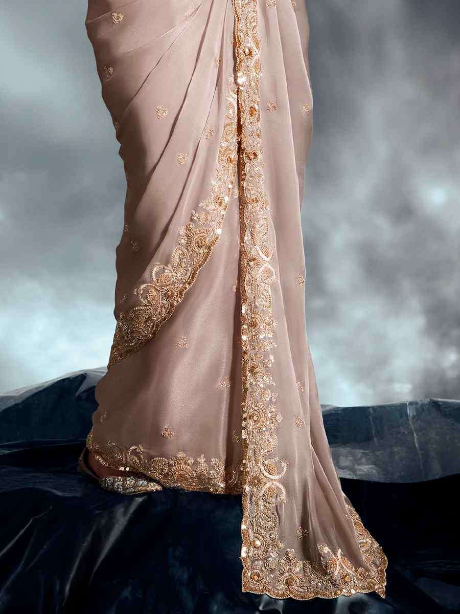 Beige Tissue Organza Silk Embroidery Bridal Cocktail Party Reception Wedding Wear Heavy Border Sarees