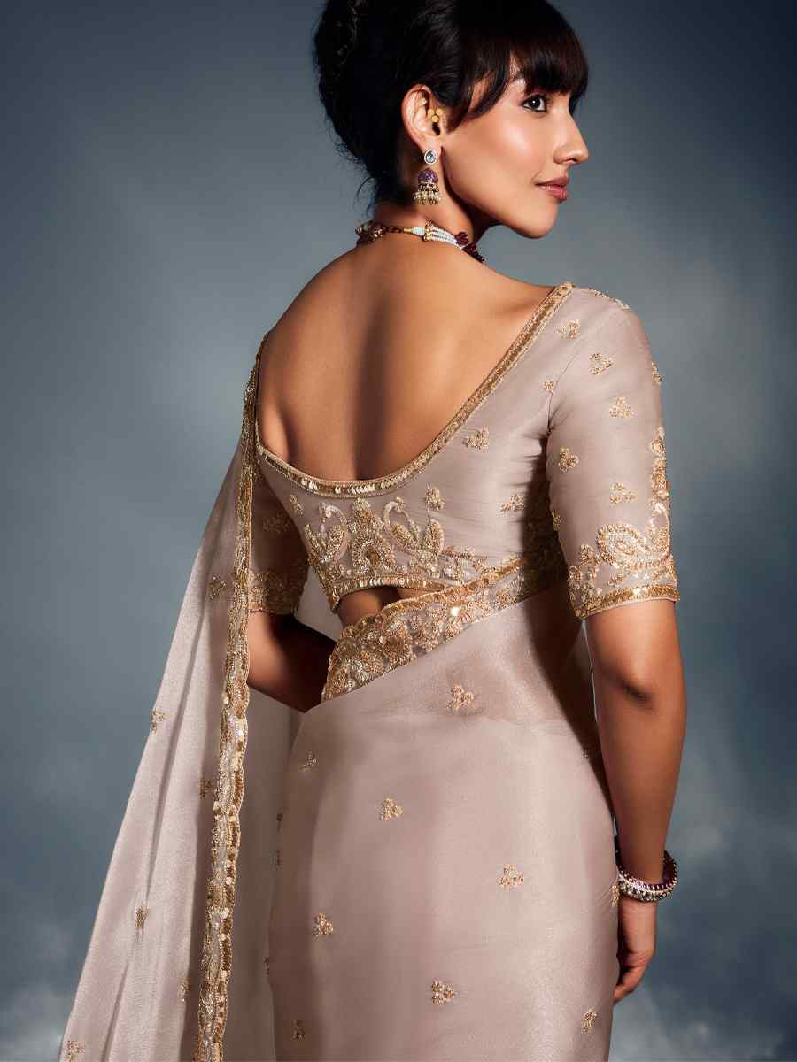 Beige Tissue Organza Silk Embroidery Bridal Cocktail Party Reception Wedding Wear Heavy Border Sarees