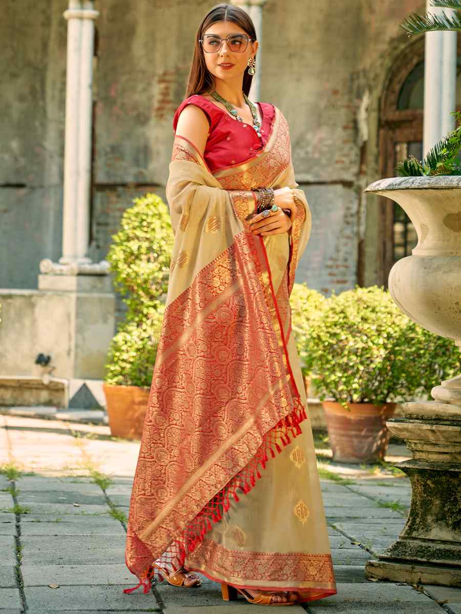 Beige Tissue Silk Handwoven Wedding Festival Heavy Border Saree