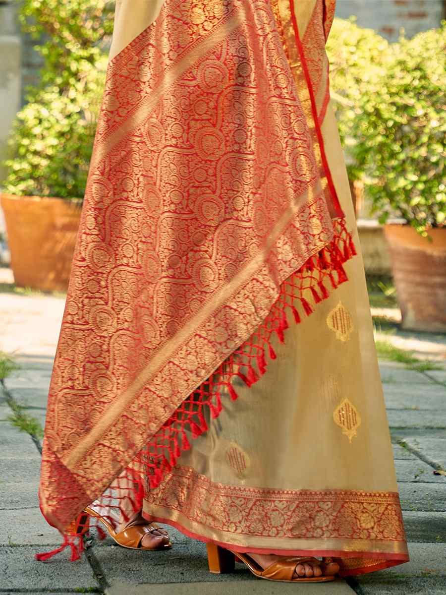 Beige Tissue Silk Handwoven Wedding Festival Heavy Border Saree