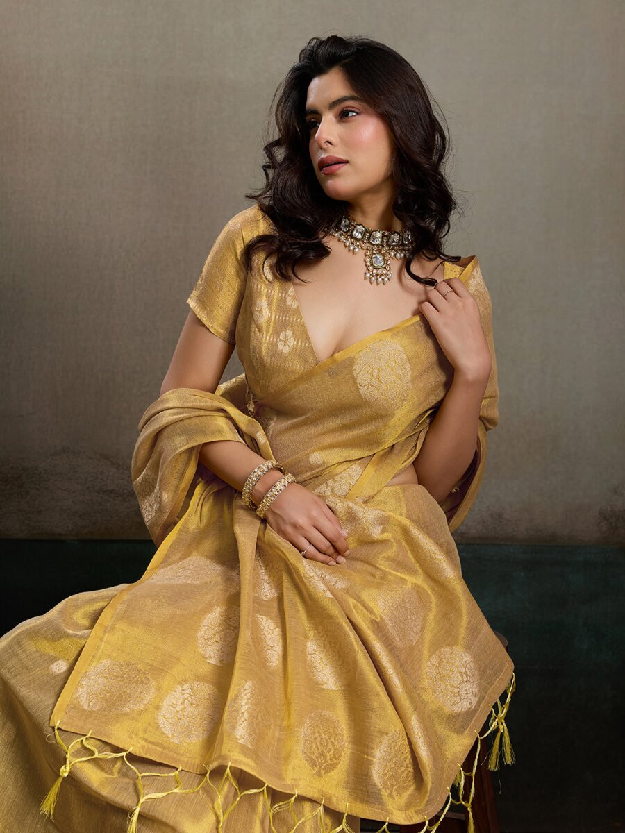 Beige Tissue Silk Handwoven Wedding Reception Party Casual Heavy Border Sarees