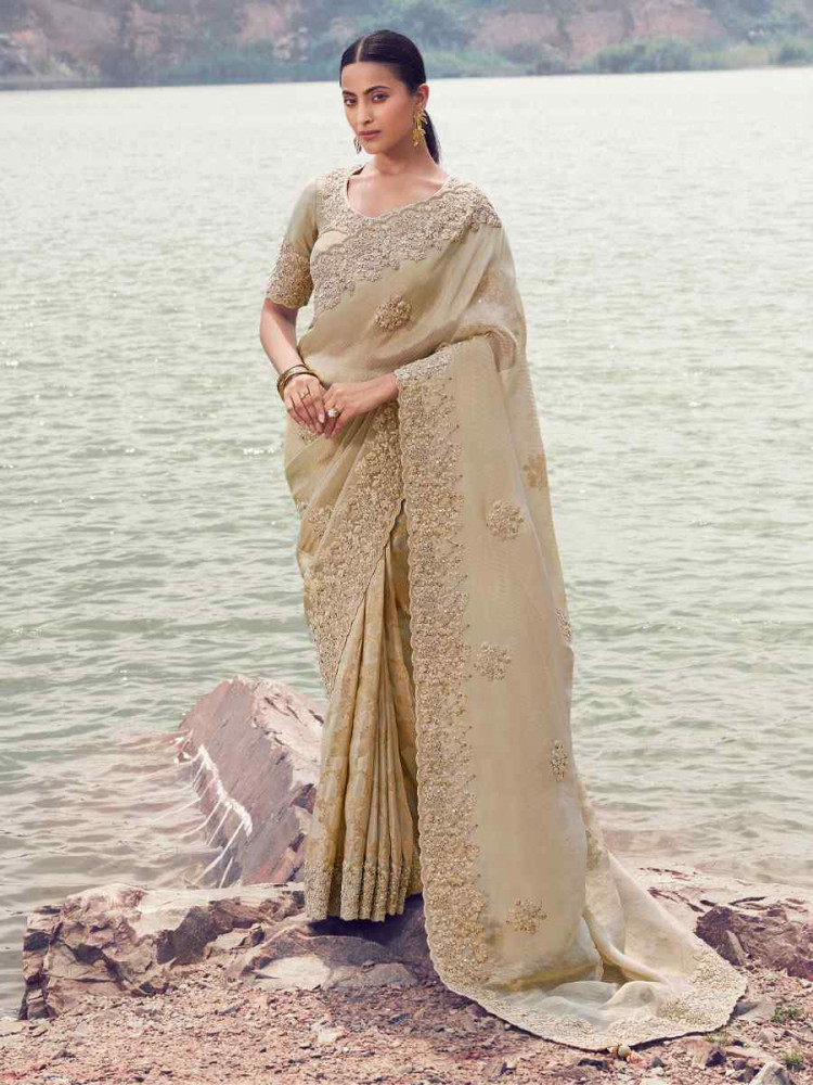 Image of Beige Tissue Silk With Jacquard Embroidery Bridal Reception Festival Wedding Fancy Heavy Border Saree