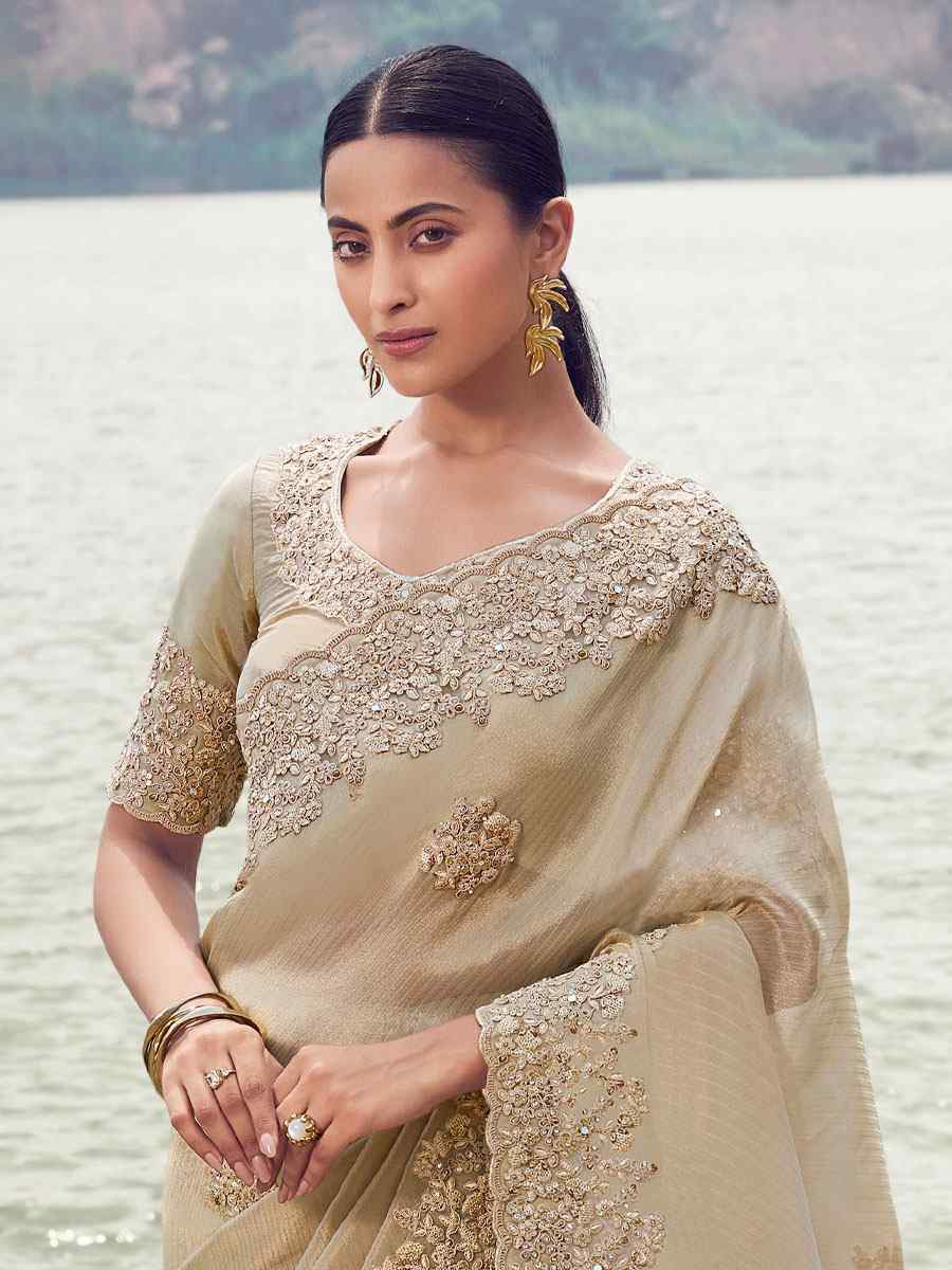 Beige Tissue Silk With Jacquard Embroidery Bridal Reception Festival Wedding Fancy Heavy Border Saree