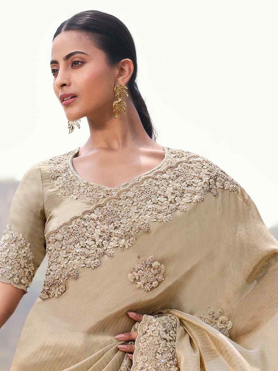 Beige Tissue Silk With Jacquard Embroidery Bridal Reception Festival Wedding Fancy Heavy Border Saree