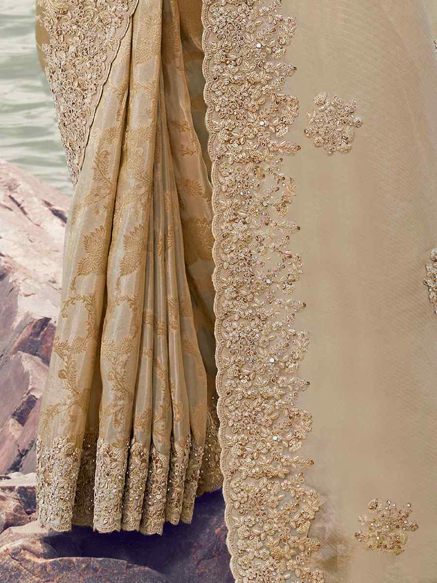 Beige Tissue Silk With Jacquard Embroidery Bridal Reception Festival Wedding Fancy Heavy Border Saree