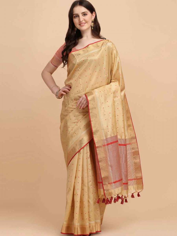 Beige Tussar Silk Handwoven Wedding Festival Heavy Border Saree