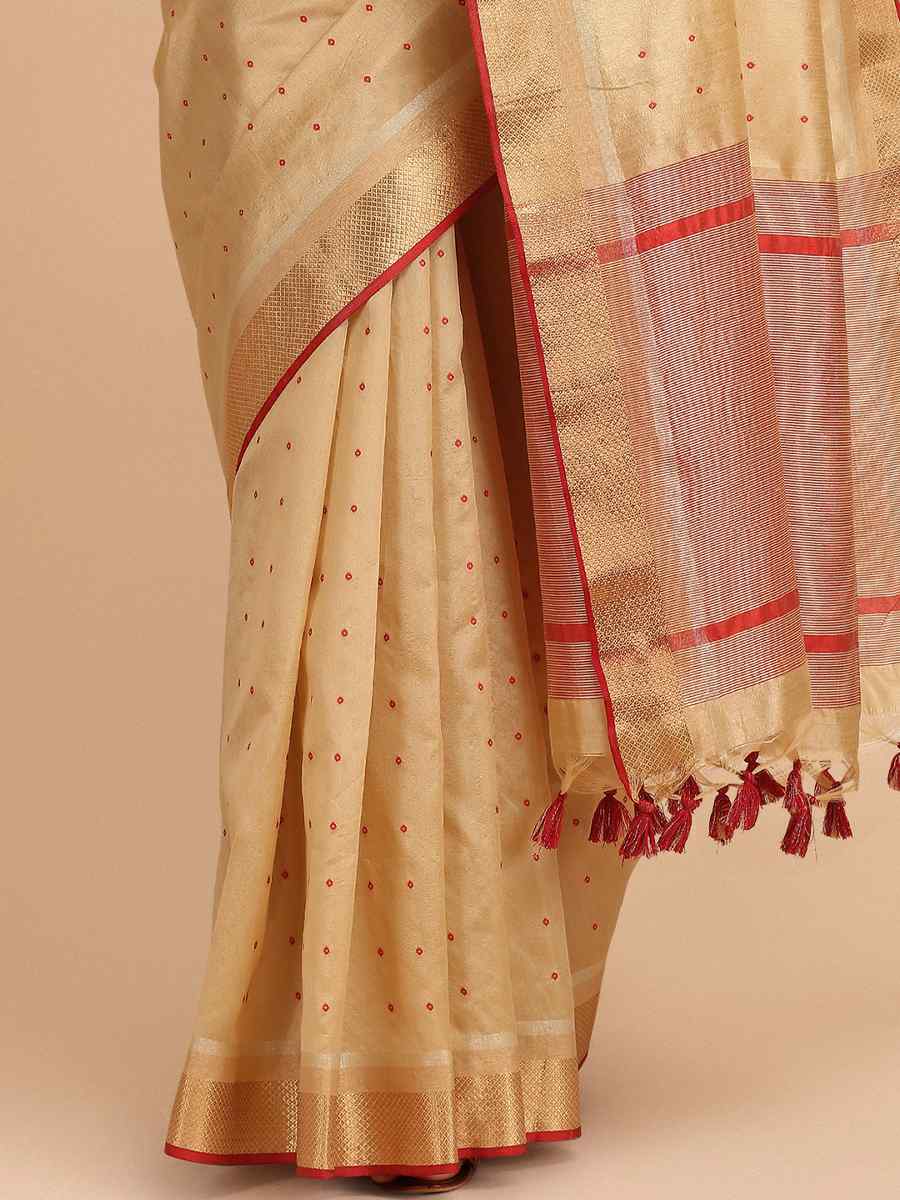 Beige Tussar Silk Handwoven Wedding Festival Heavy Border Saree