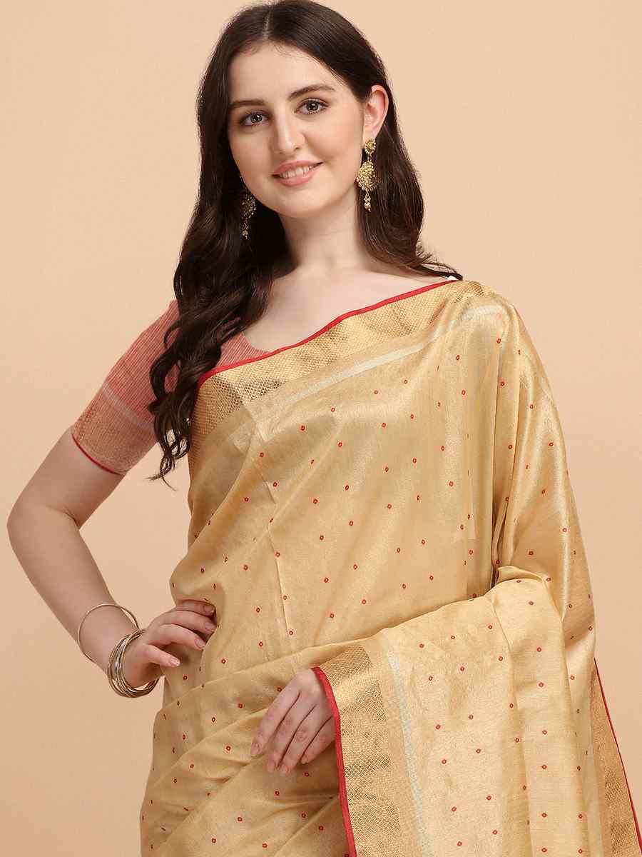 Beige Tussar Silk Handwoven Wedding Festival Heavy Border Saree