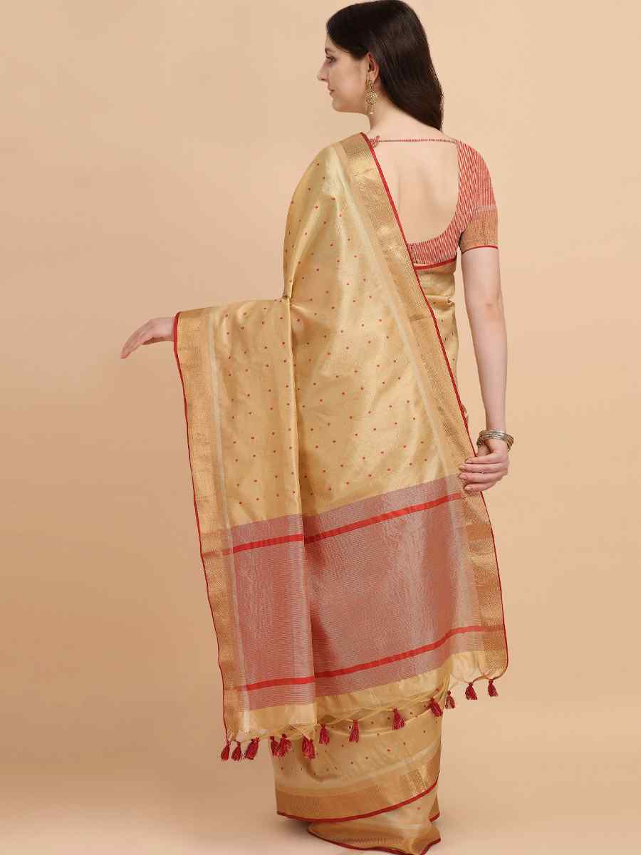 Beige Tussar Silk Handwoven Wedding Festival Heavy Border Saree