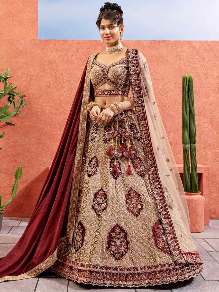 Beige Velvet Embroidered Bridal Reception Heavy Border Lehenga Choli