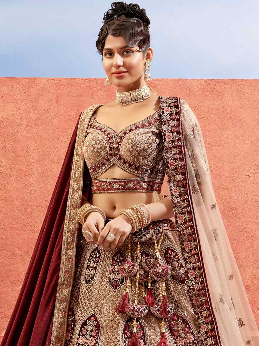 Beige Velvet Embroidered Bridal Reception Heavy Border Lehenga Choli