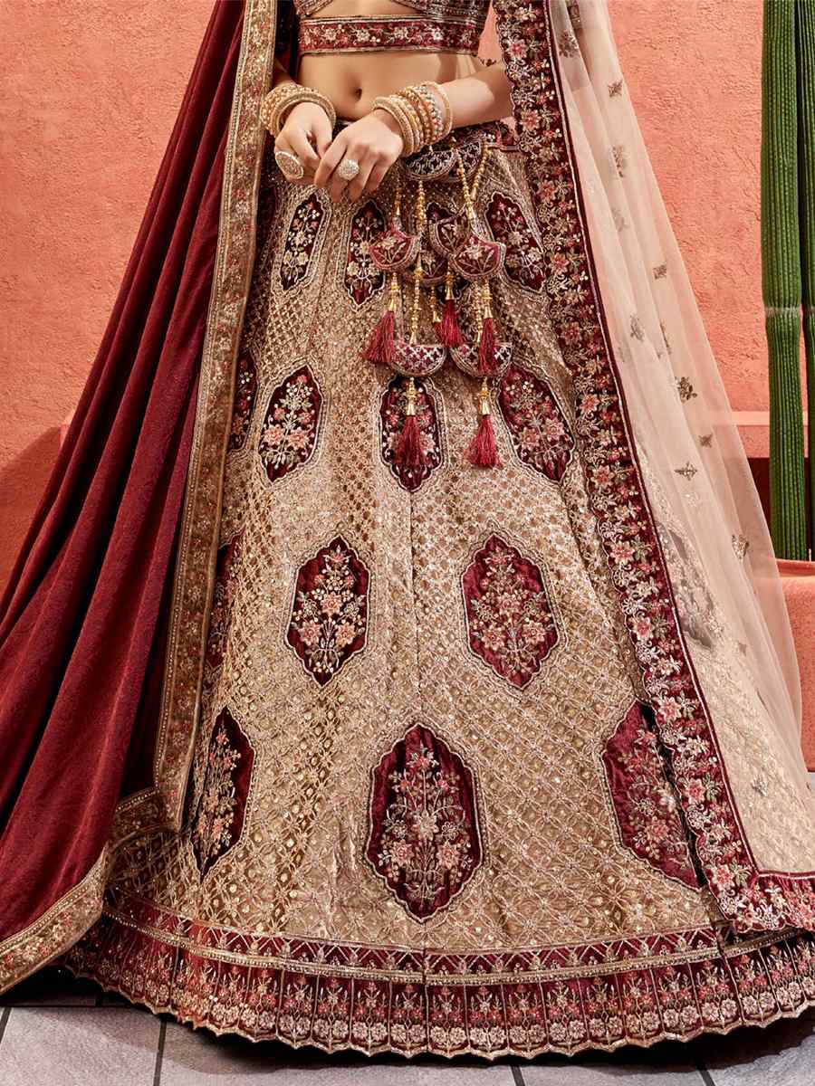 Beige Velvet Embroidered Bridal Reception Heavy Border Lehenga Choli