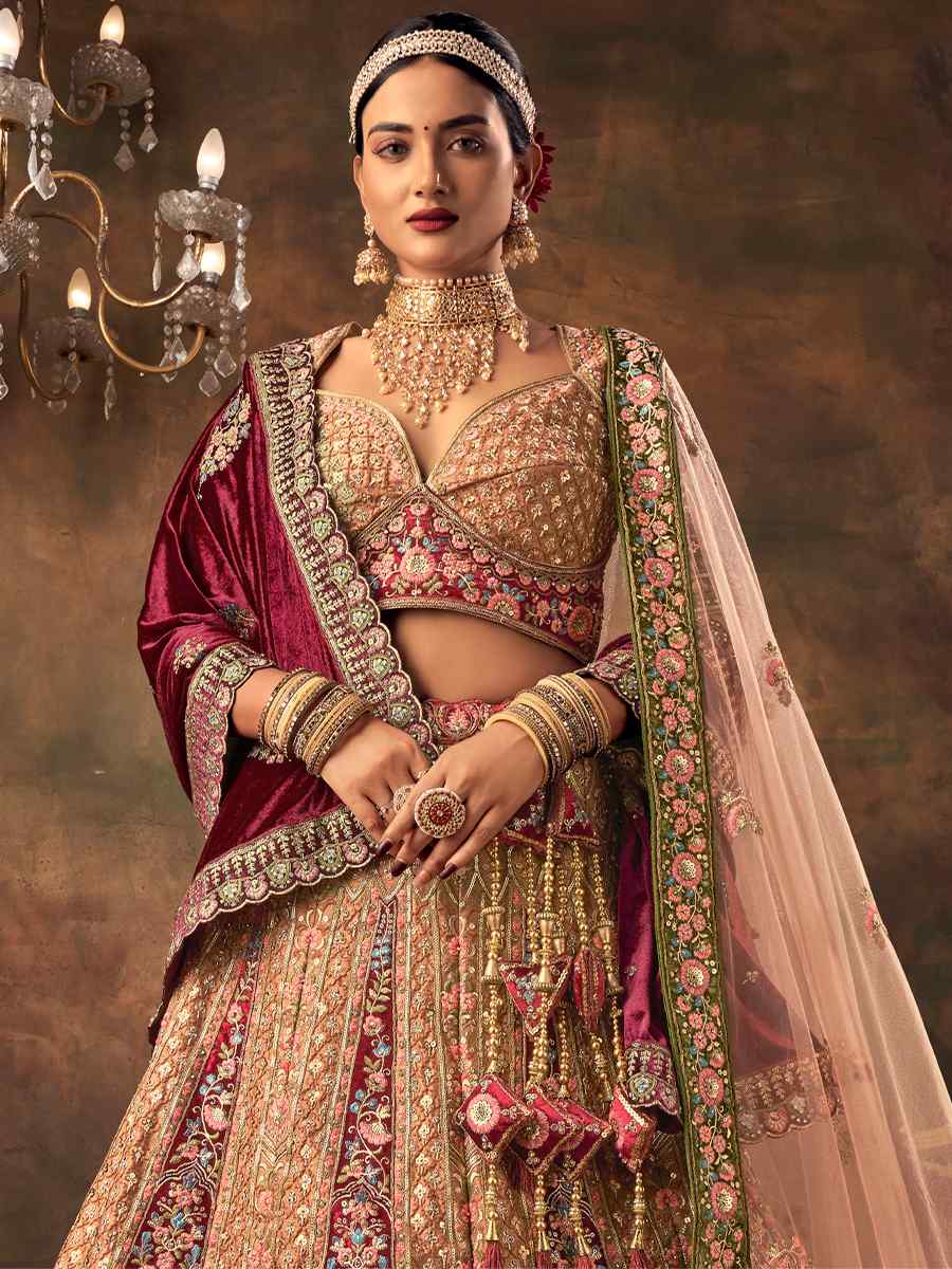 Beige Velvet Embroidered Bridal Wedding Heavy Border Lehenga Choli