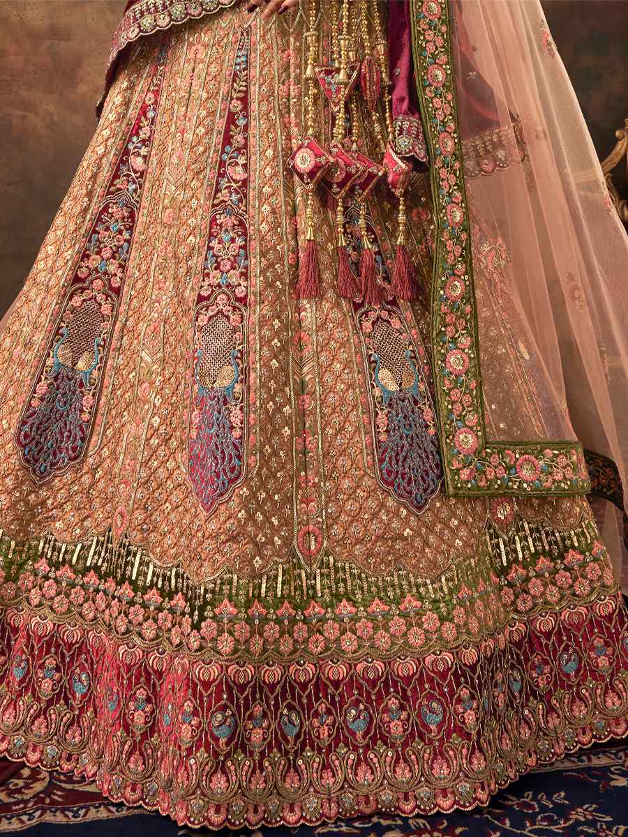 Beige Velvet Embroidered Bridal Wedding Heavy Border Lehenga Choli