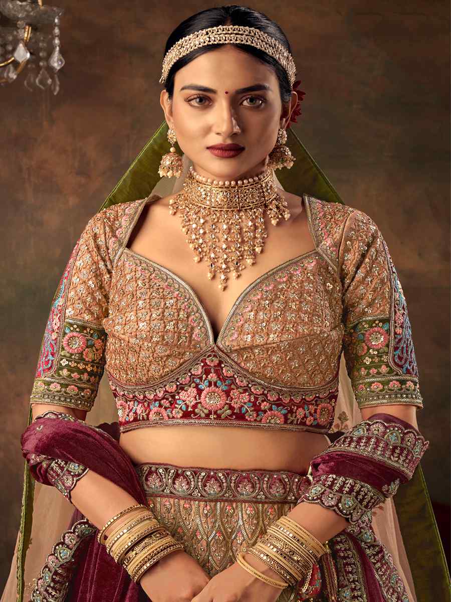 Beige Velvet Embroidered Bridal Wedding Heavy Border Lehenga Choli