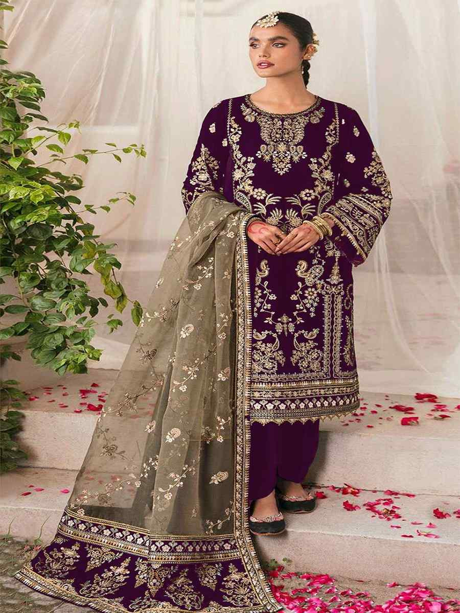 Beige Velvet Embroidered Festival Casual Pant Salwar Kameez