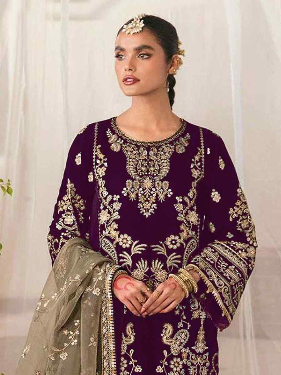 Beige Velvet Embroidered Festival Casual Pant Salwar Kameez