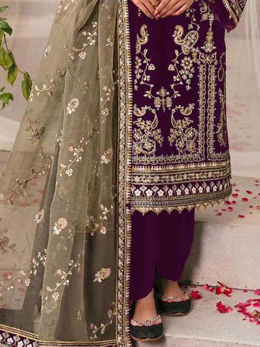 Beige Velvet Embroidered Festival Casual Pant Salwar Kameez
