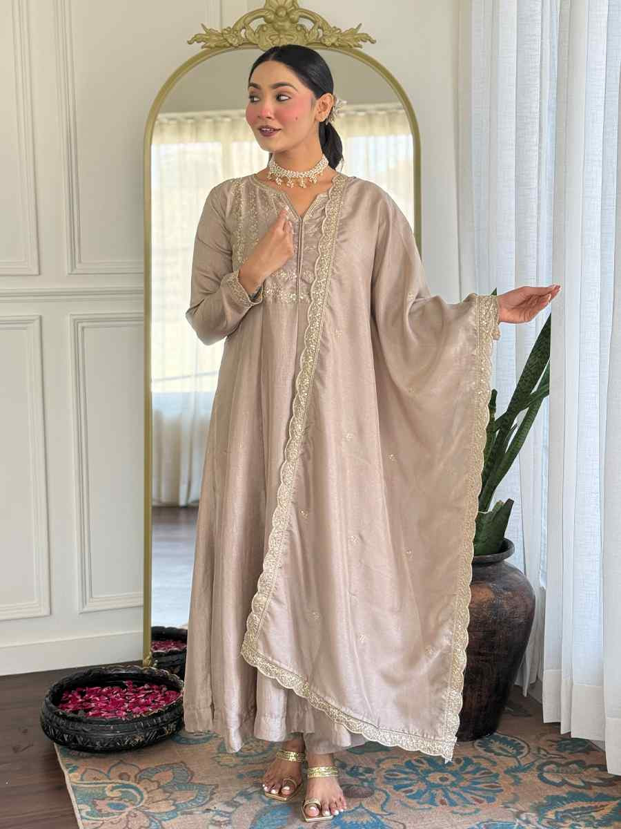 Beige Vichitra Silk Embroidered Festival Mehendi Ready Pant Salwar Kameez