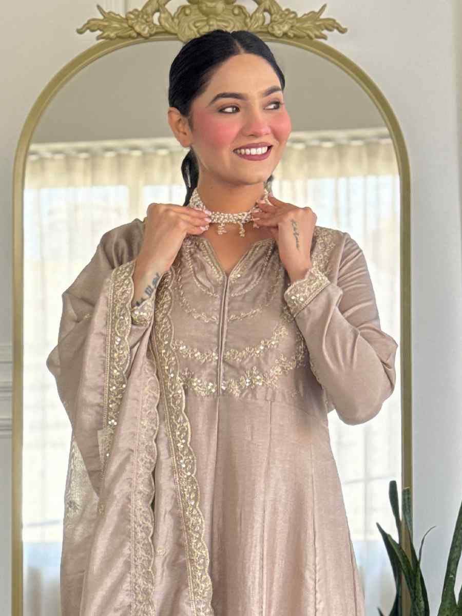 Beige Vichitra Silk Embroidered Festival Mehendi Ready Pant Salwar Kameez