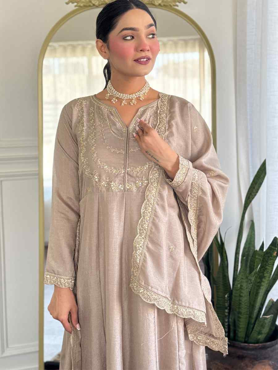 Beige Vichitra Silk Embroidered Festival Mehendi Ready Pant Salwar Kameez