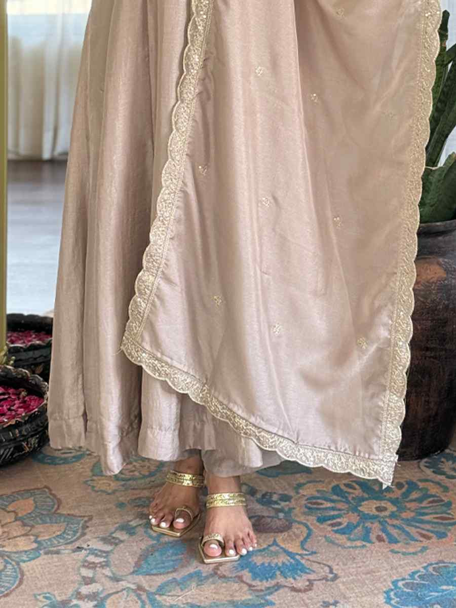 Beige Vichitra Silk Embroidered Festival Mehendi Ready Pant Salwar Kameez