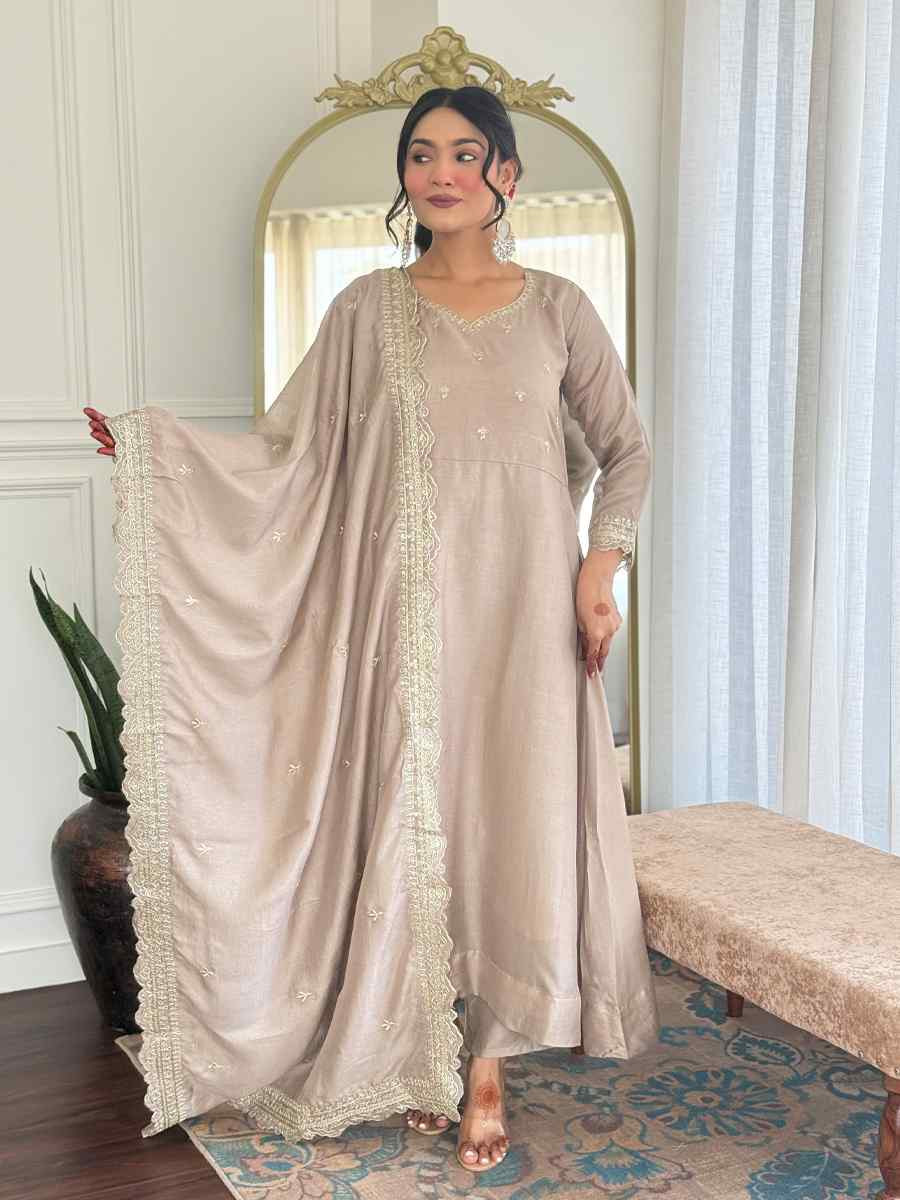 Beige Vichitra Silk Embroidered Party Wedding Ready Pant Salwar Kameez