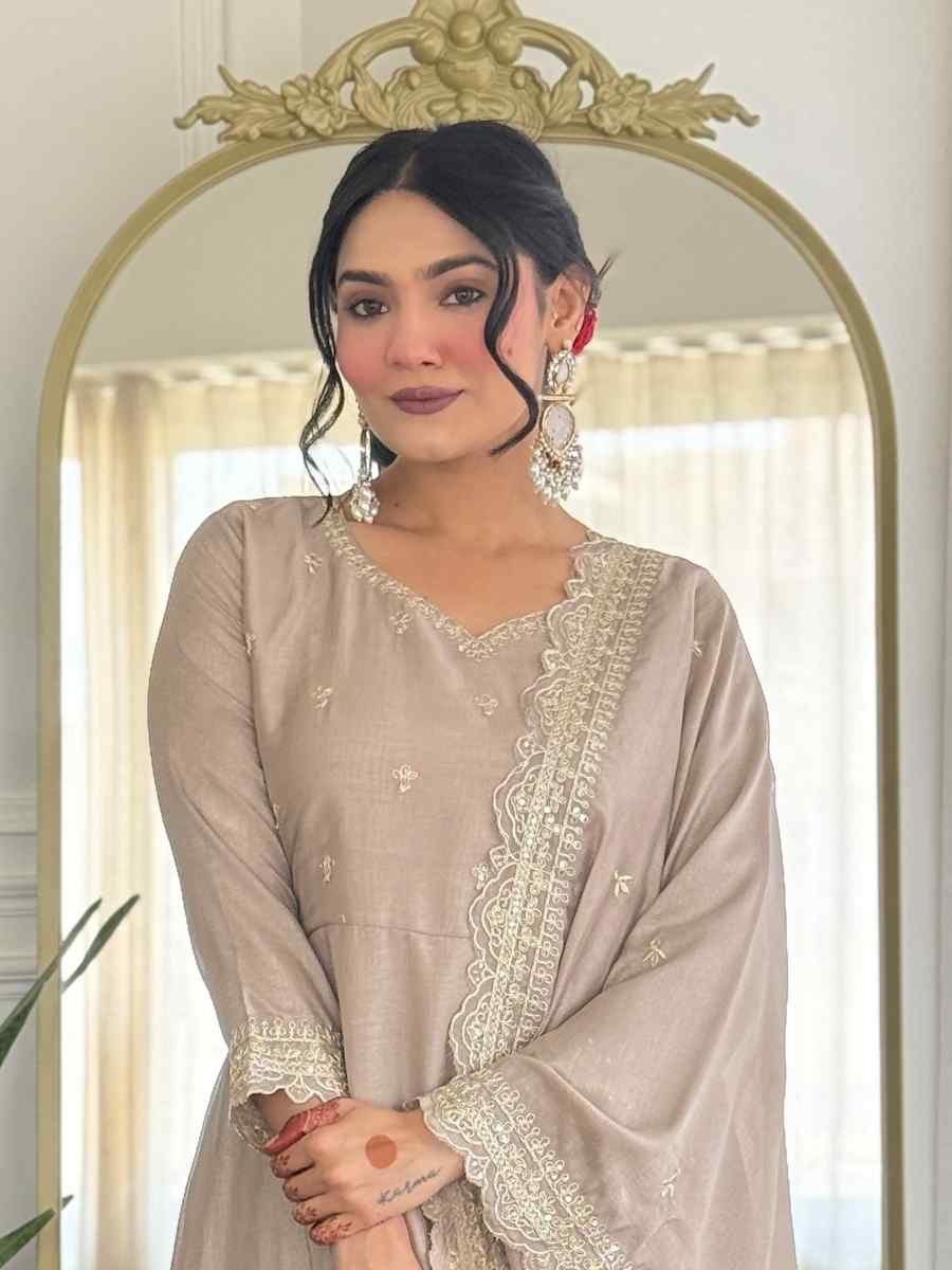 Beige Vichitra Silk Embroidered Party Wedding Ready Pant Salwar Kameez