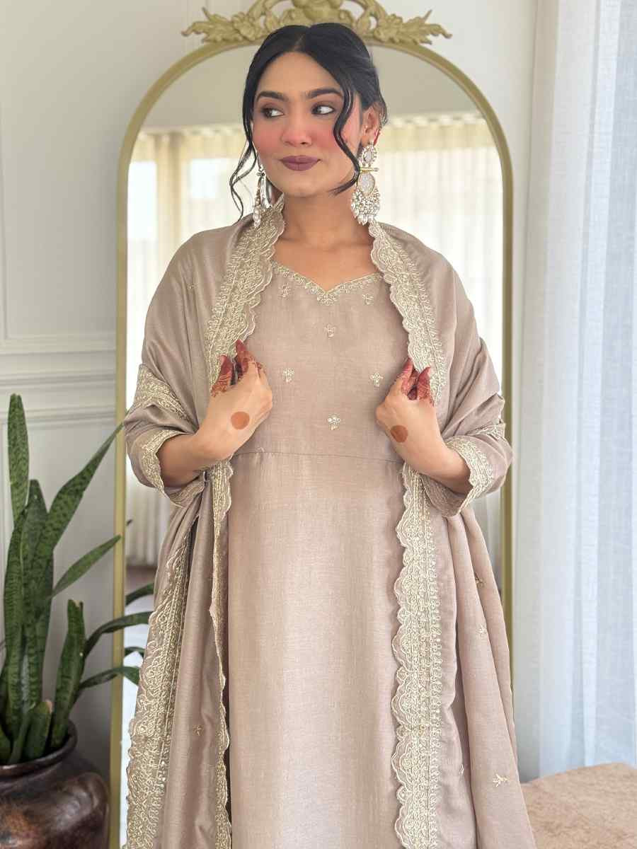 Beige Vichitra Silk Embroidered Party Wedding Ready Pant Salwar Kameez
