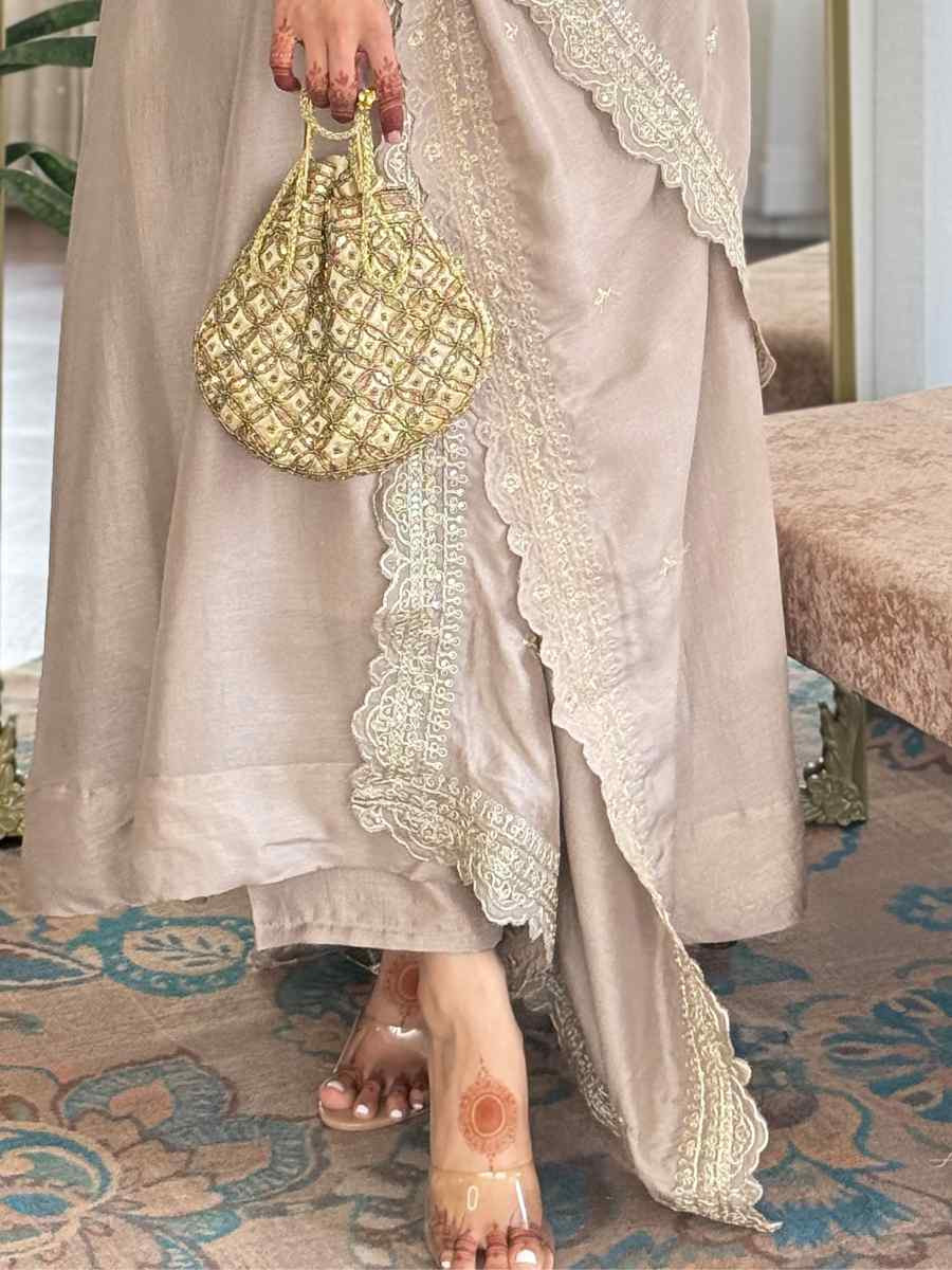 Beige Vichitra Silk Embroidered Party Wedding Ready Pant Salwar Kameez