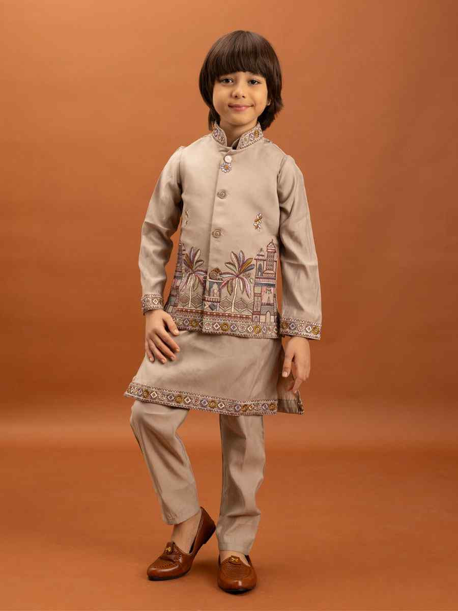 Beige Viscose Silk Embroidery Festival Traditional Kurta Pyjama Boys Wear