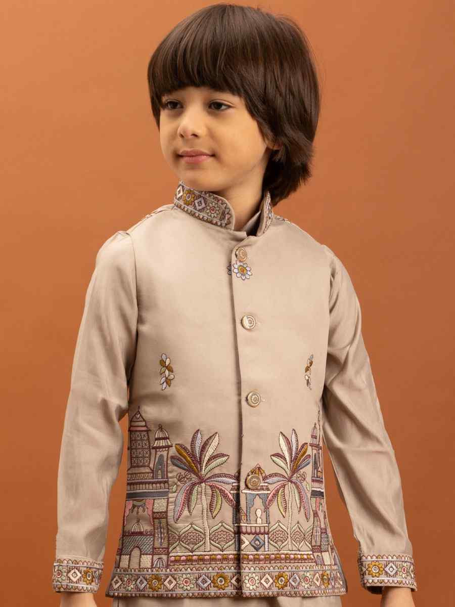 Beige Viscose Silk Embroidery Festival Traditional Kurta Pyjama Boys Wear