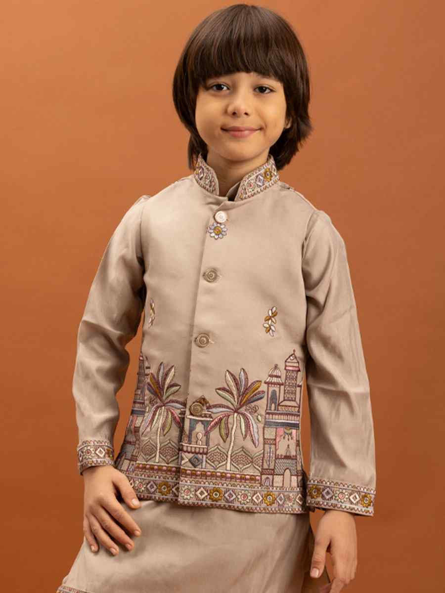 Beige Viscose Silk Embroidery Festival Traditional Kurta Pyjama Boys Wear