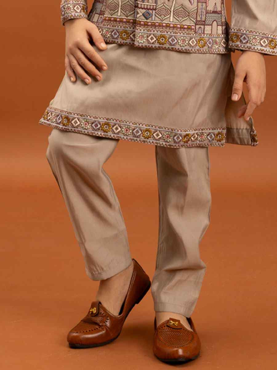 Beige Viscose Silk Embroidery Festival Traditional Kurta Pyjama Boys Wear