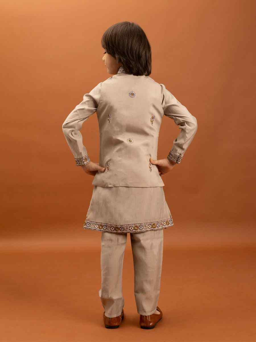 Beige Viscose Silk Embroidery Festival Traditional Kurta Pyjama Boys Wear