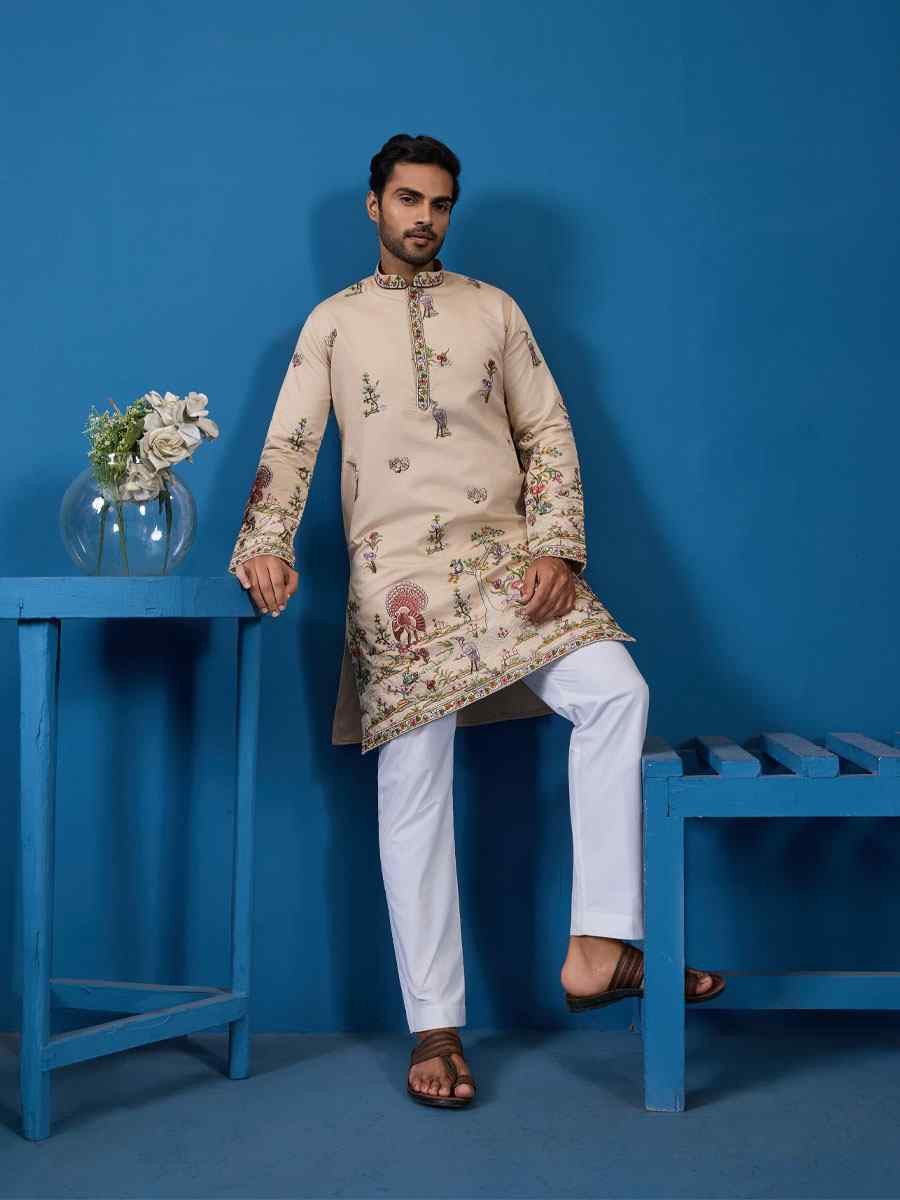 Beige Viscose Silk Embroidery Festival Wedding Party Mens Kurta