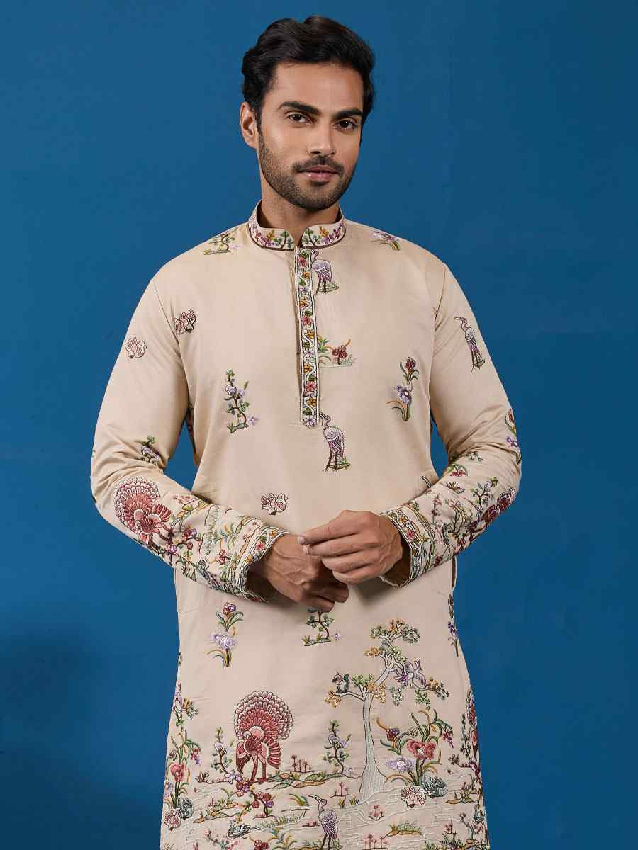 Beige Viscose Silk Embroidery Festival Wedding Party Mens Kurta