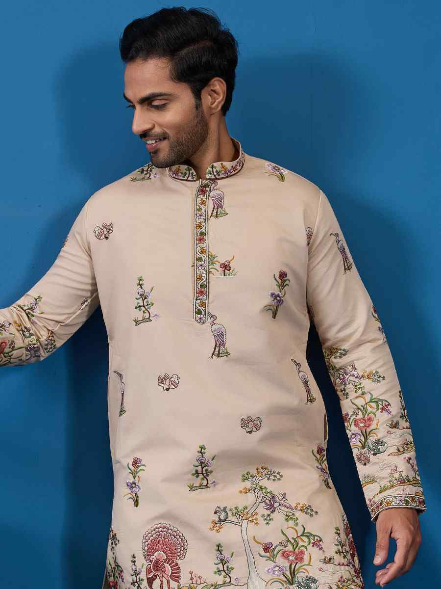 Beige Viscose Silk Embroidery Festival Wedding Party Mens Kurta