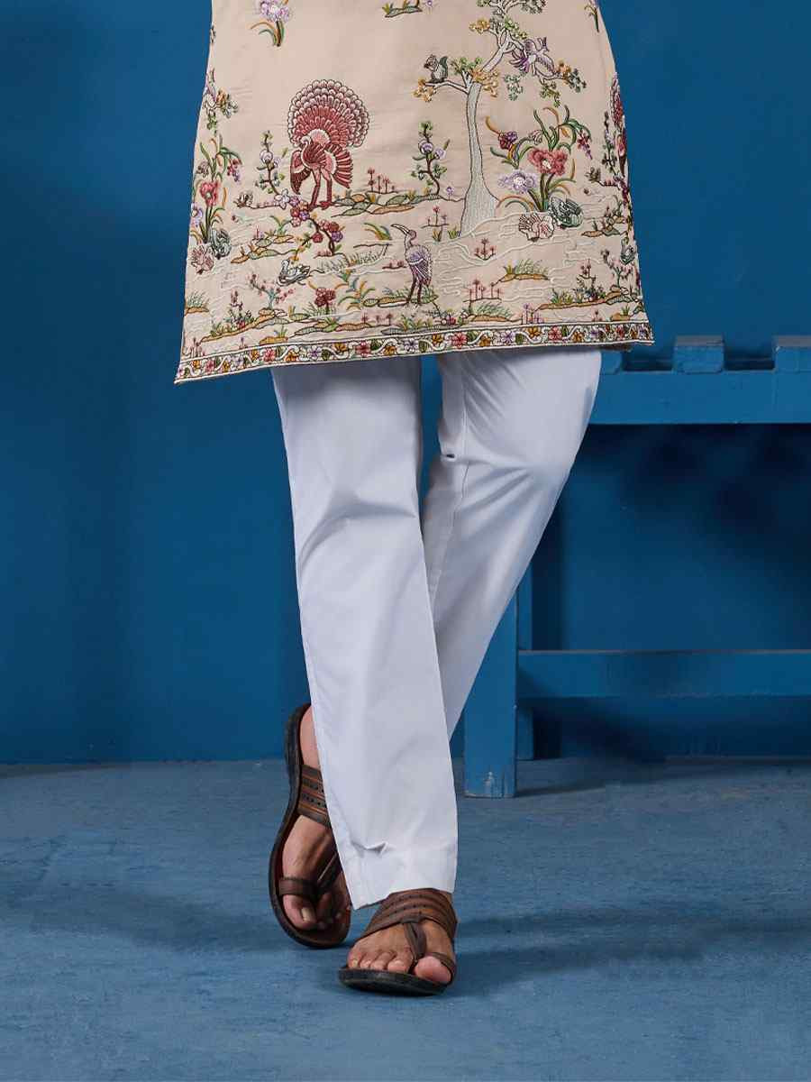 Beige Viscose Silk Embroidery Festival Wedding Party Mens Kurta