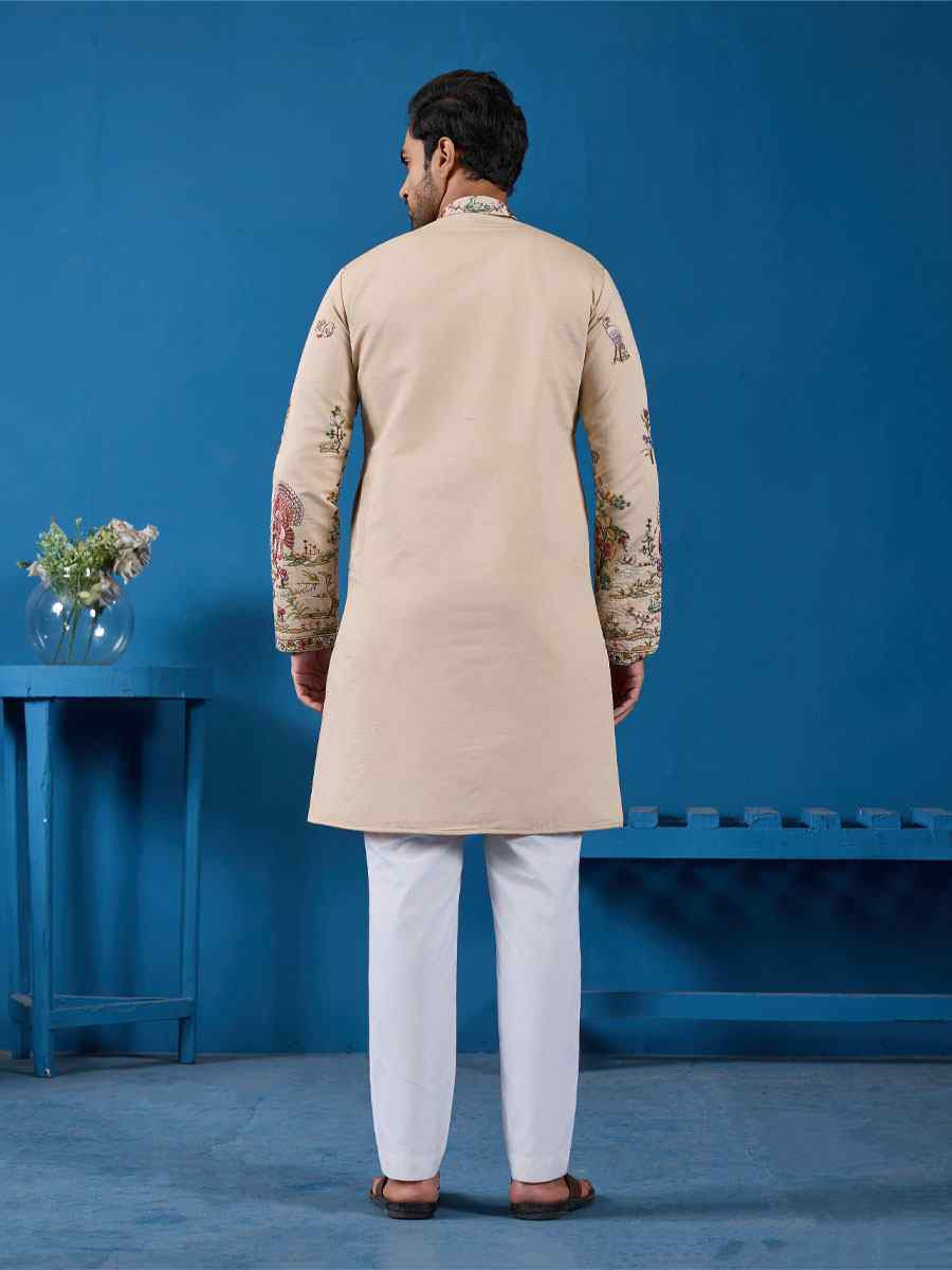 Beige Viscose Silk Embroidery Festival Wedding Party Mens Kurta