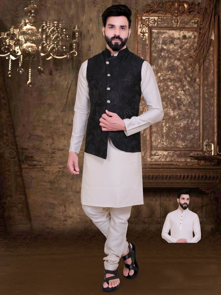 Beige Yellow And Black Silk Handwoven Party Kurta Nehru Jacket