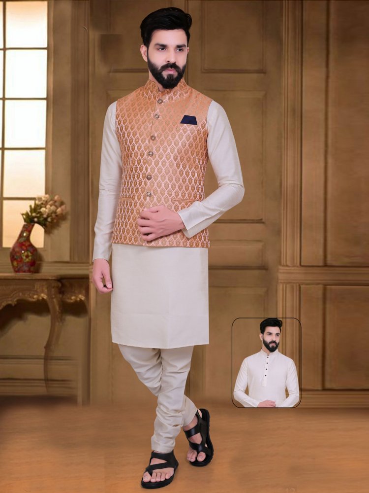 Beige Yellow And Coral Pink Silk Handwoven Party Kurta Nehru Jacket