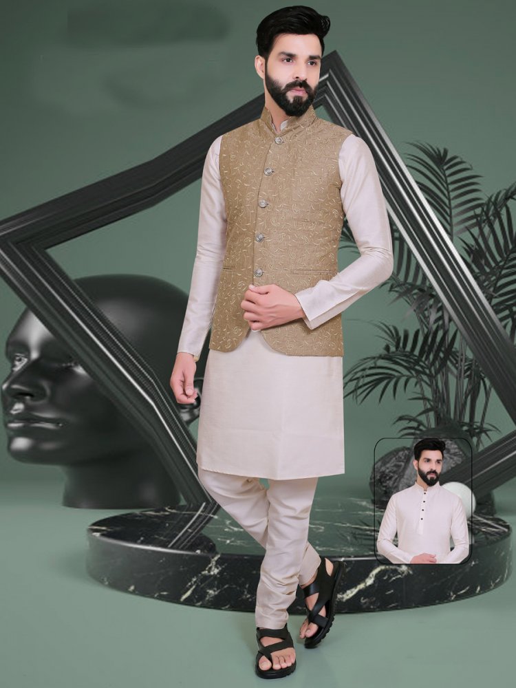 Beige Yellow And Khaki Brown Silk Handwoven Party Kurta Nehru Jacket