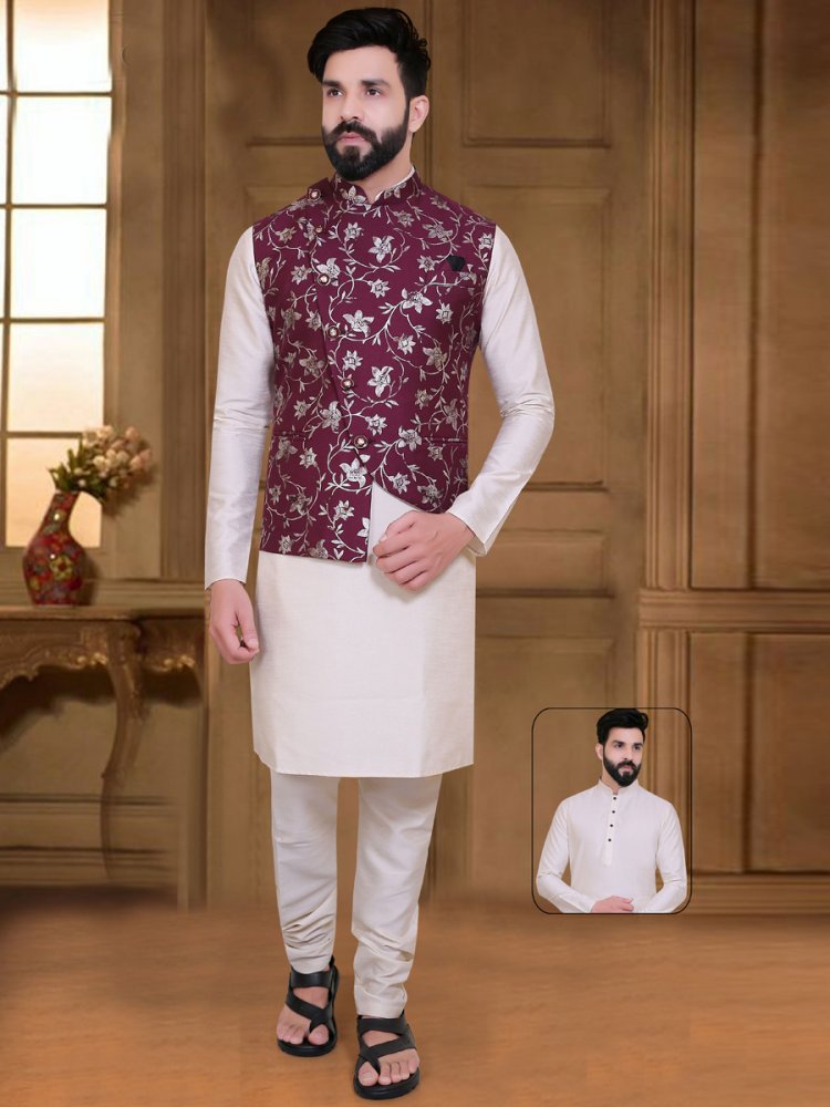 Beige Yellow And Maroon Silk Handwoven Party Kurta Nehru Jacket