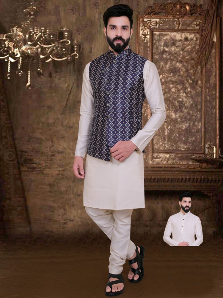 Beige Yellow And Midnight Blue Silk Handwoven Party Kurta Nehru Jacket