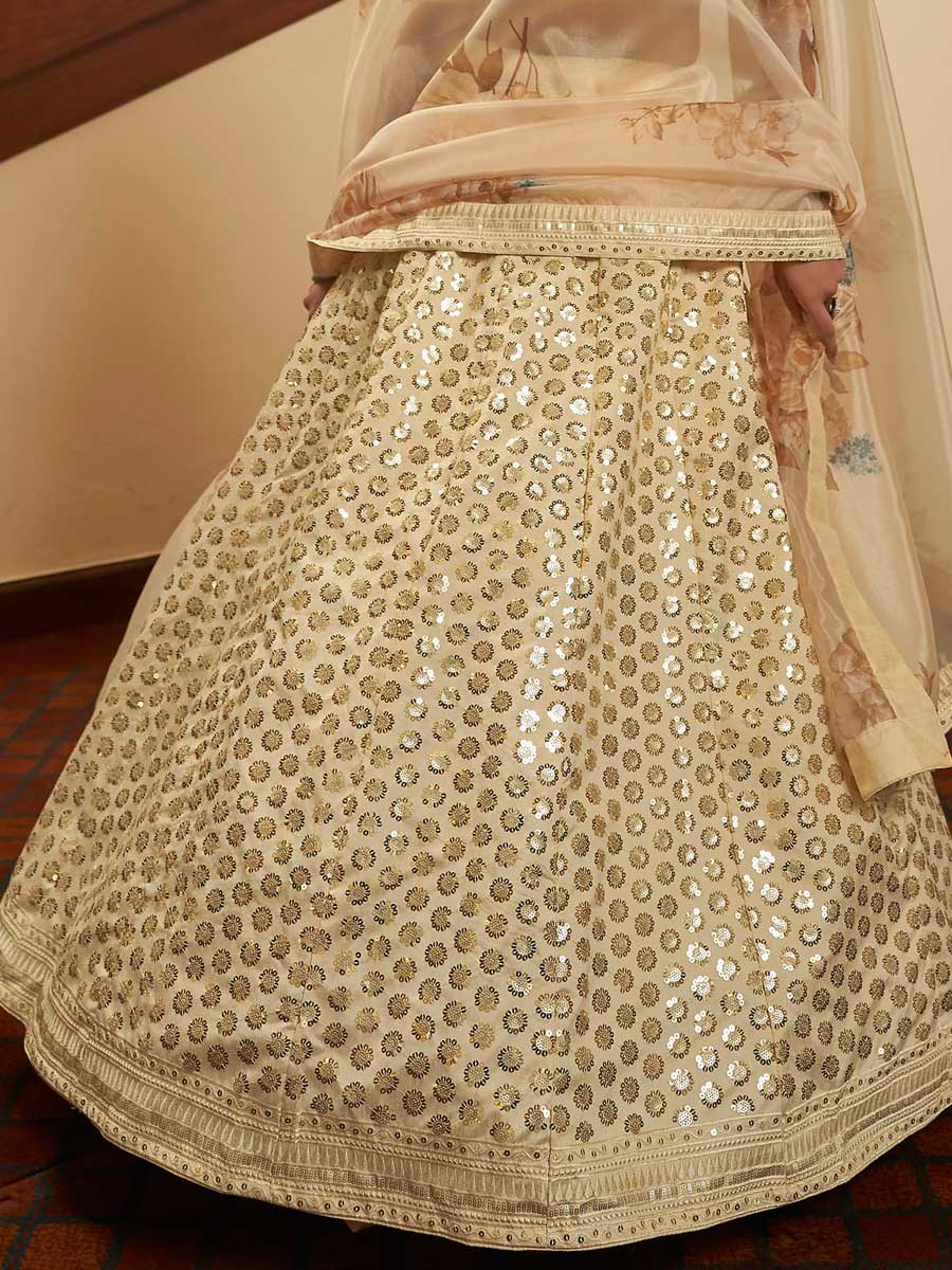 Beige Yellow Art Silk Embroidered Party Lehenga Choli