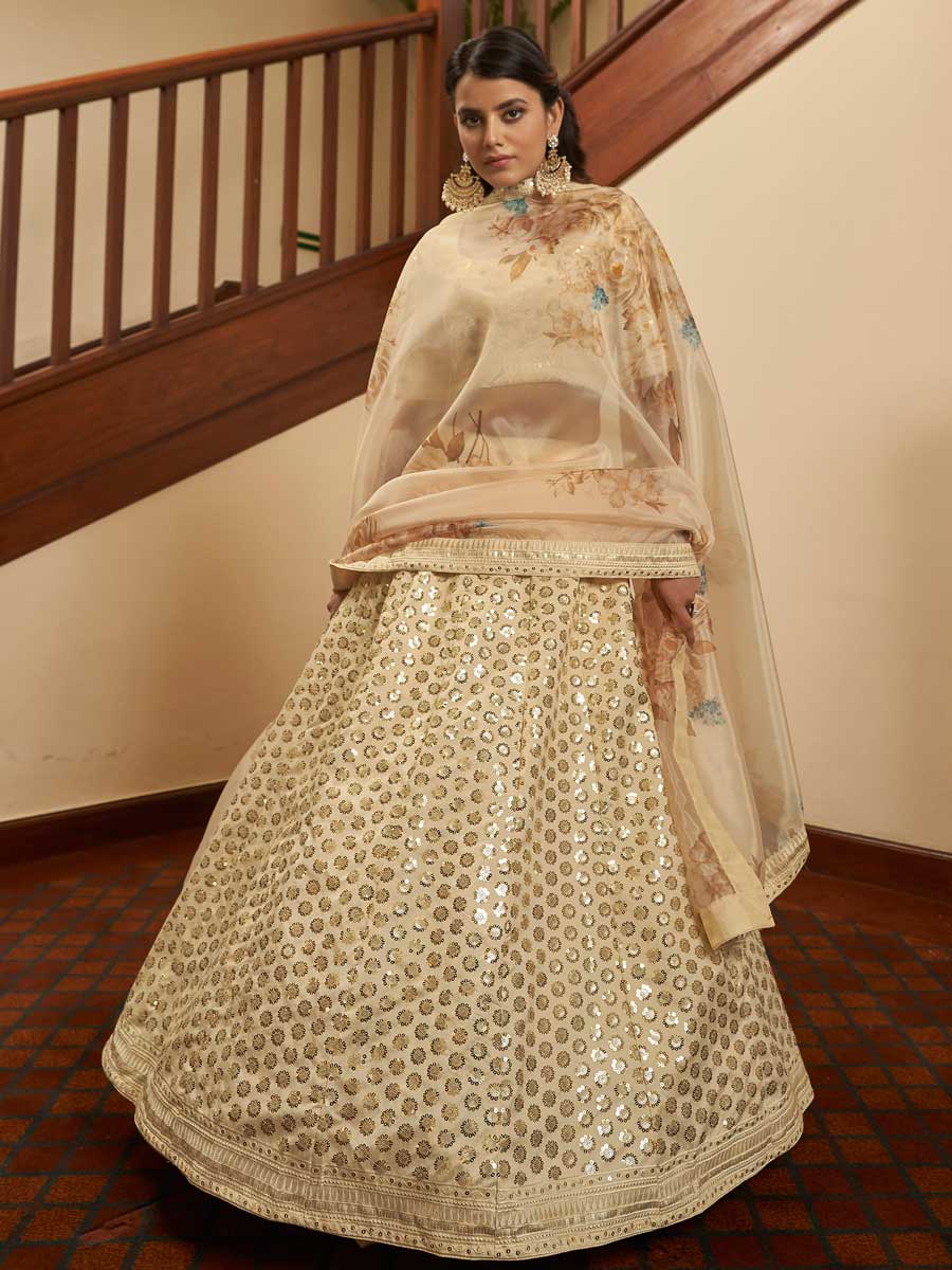 Beige Yellow Art Silk Embroidered Party Lehenga Choli