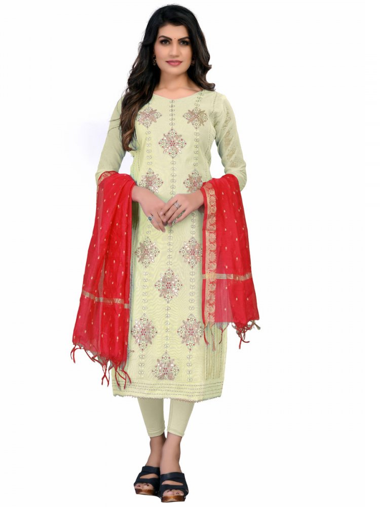 Beige Yellow Chanderi Cotton Embroidered Festival Churidar Kameez